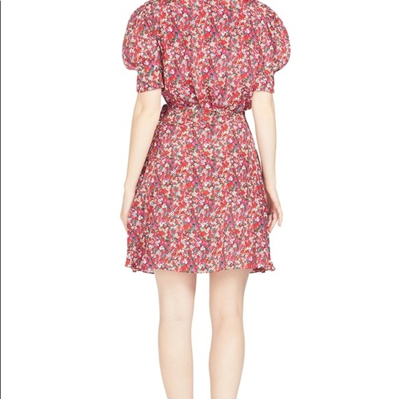 SALONI / Lea Silk Puff Sleeve A-Line wrap mini floral poppy pink Silk Dress 12 - Picture 2 of 11